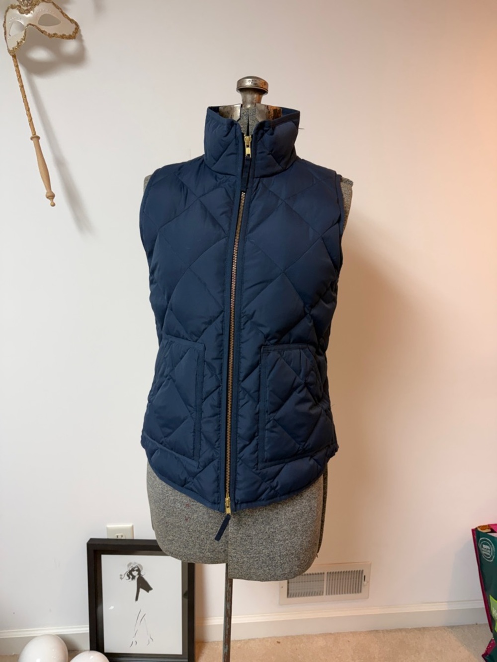 J. Crew Navy Quilted Puffer Vest with High Collar
